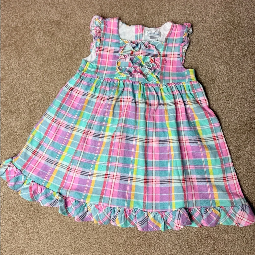 Ralph Lauren Baby Girls‎ Plaid Dress 24M Pink Ruffle Cotton Pony Logo
